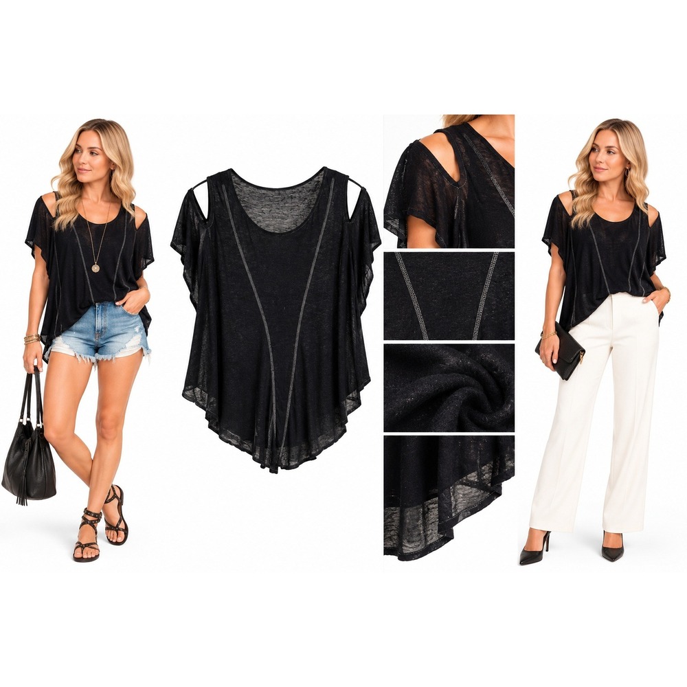 Free People We The Free Top XS Black Linen Cold Shoulder Boho Festival Sheer Tee